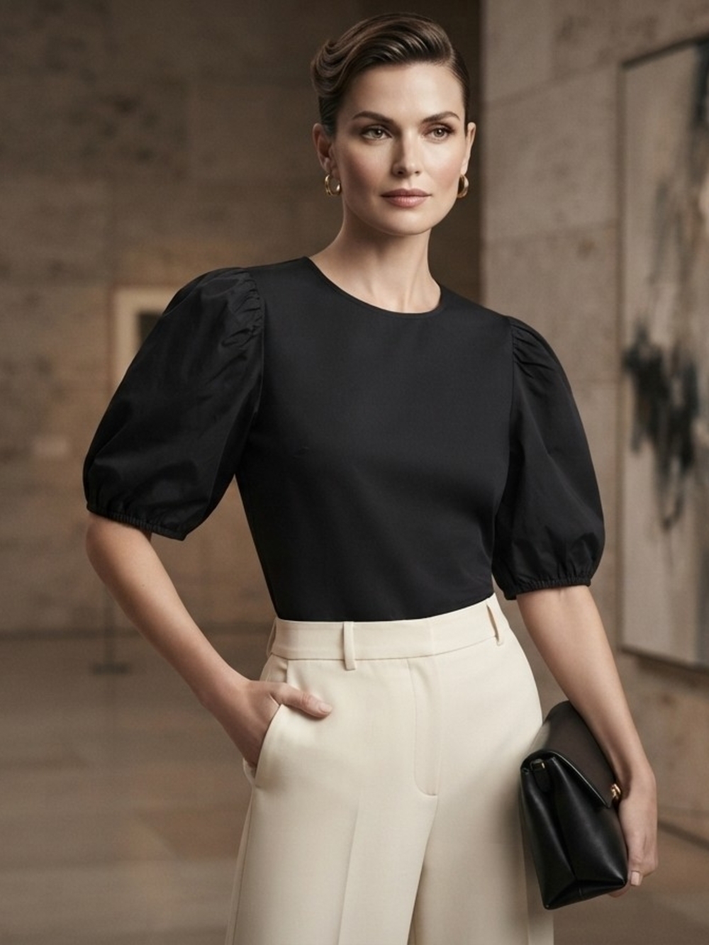 Size M H&M Black Puff-Sleeve Crewneck Top